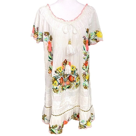 Las Noches IBIZA by Eric & Jack Womens Cream Floral Peasant Tunic Dress Medium - Picture 1 of 12